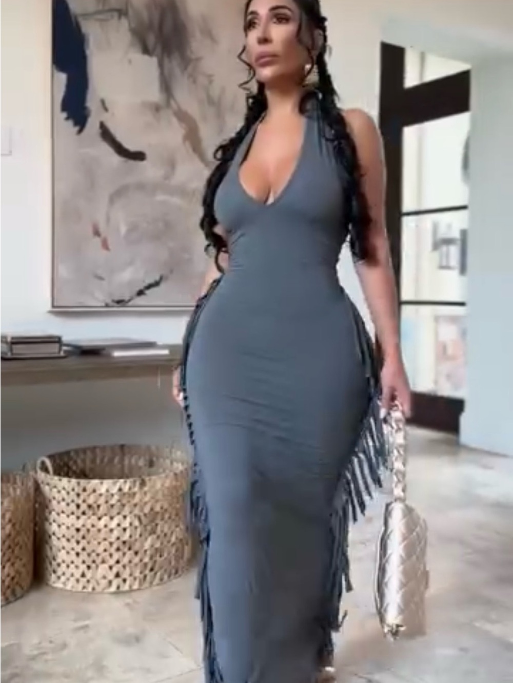 Sleeveless V-Neck Fringe Maxi Dress in Gray